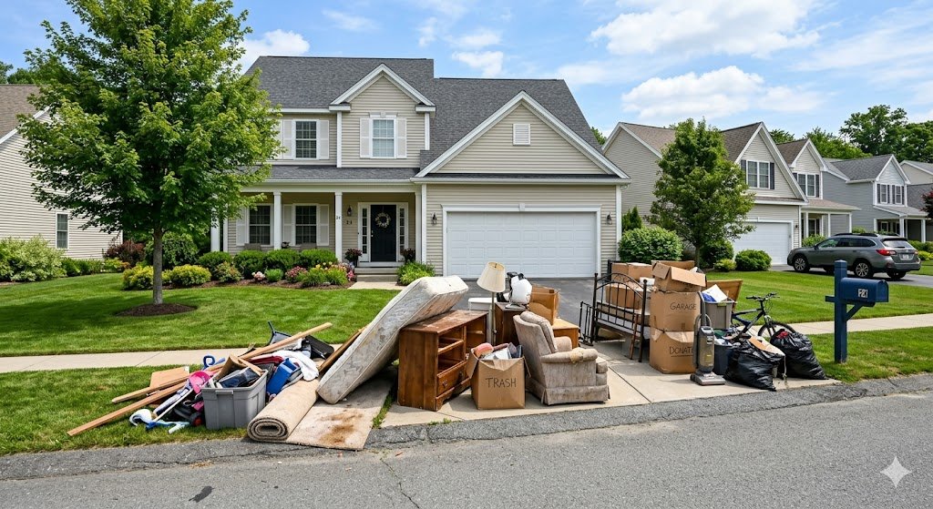Junk removal truck at residential home